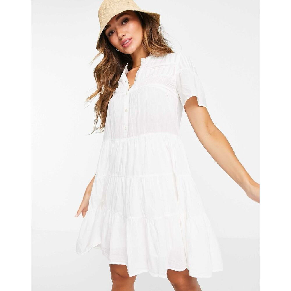 White Tiered Dress Mango Frill Detail Size 4 Cotton Boho Cottage Summer Western
